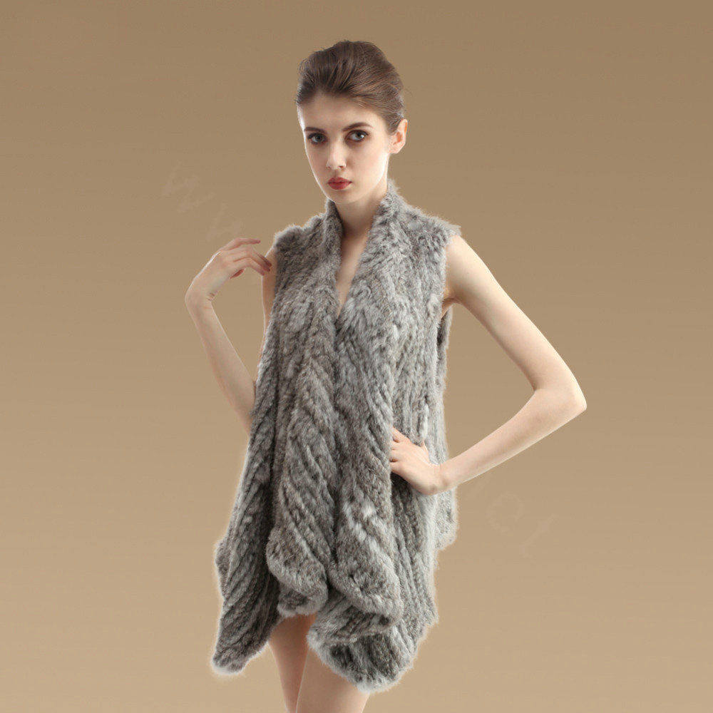 Hot sales Luxury Irregular Knitted Natural Rabbit Fur Vests Cape Women Fur Waistcoat - Natural Grey